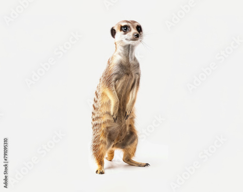 A meerkat is upright on its hind legs, displaying its unique behavior and alertness