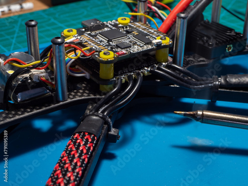 Close-up of the FPV drone assembly. Hobbies and UAV engineering.