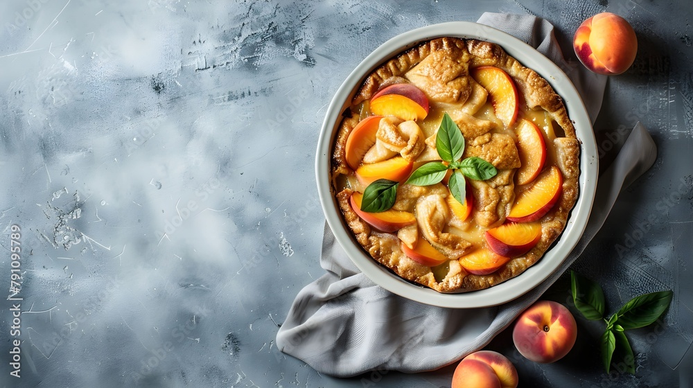 Oven baked perfect Southern dessert Peach Cobbler over concrete gray background. Horizontal
