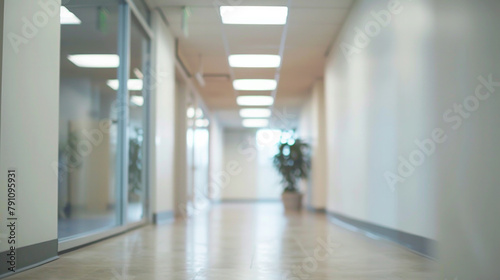 A hallway with a plant in the middle and a light above