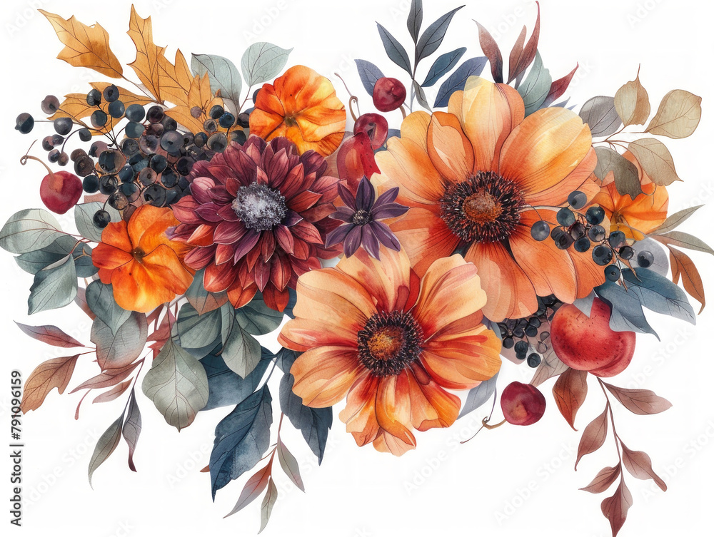 bouquete composizione floreale di fiori autunnali con bacche  su sfondo bianco scontornabile, stile acquerello, colori dominanti rosso arancio e giallo - obrazy, fototapety, plakaty 