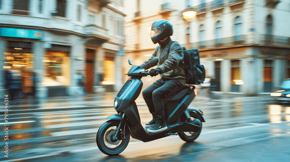 A courier using a lightweight electric scooter for swift deliveries in congested areas. Quality, high level, reliability, team A courier using a lightweight electric scooter for swift deliveries in congested areas. Quality, high level, reliability, team
