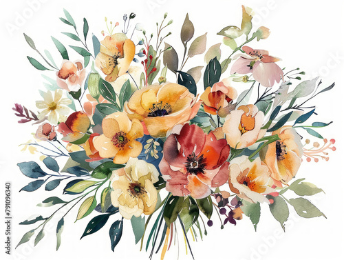 bouquete composizione floreale di fiori autunnali con bacche  su sfondo bianco scontornabile, stile acquerello, colori dominanti rosso arancio e giallo photo