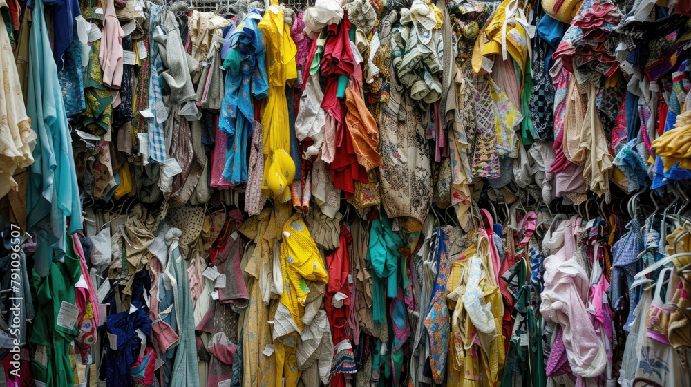 Fototapeta premium Assorted clothes hanging on a wall, neatly displayed