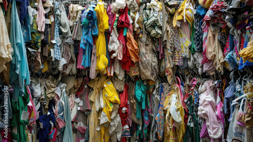 Assorted clothes hanging on a wall, neatly displayed