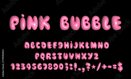Pink bubble font. Inflated alphabet 3D ballon letters and numbers.