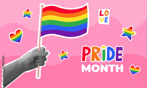 Pride Month collage concept. Vector illustration with halftone hand holding flag. © Idressart