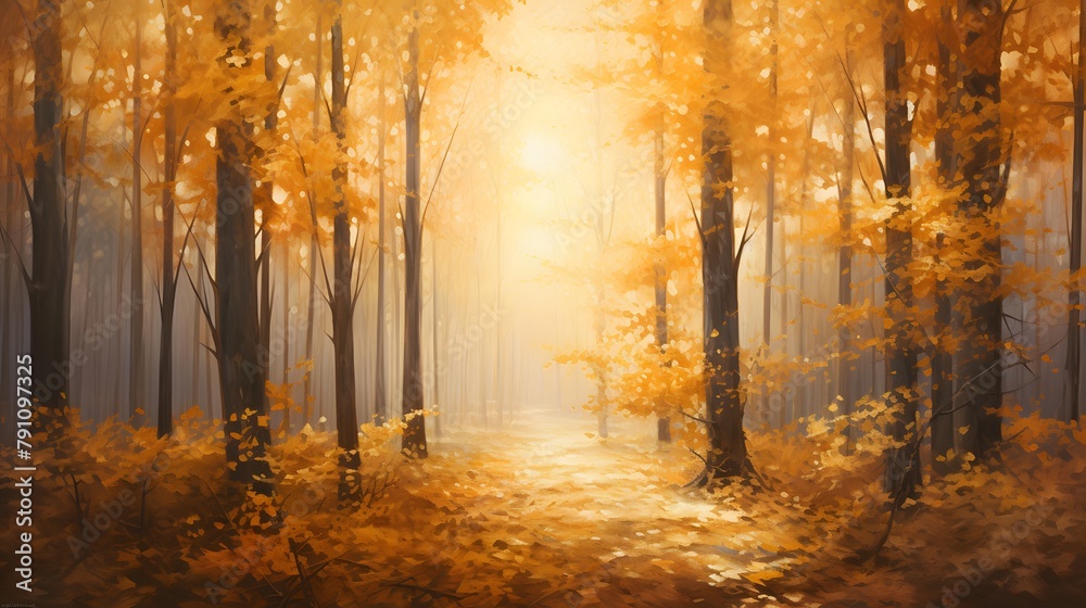 Autumn forest with fog and sun rays - panoramic background