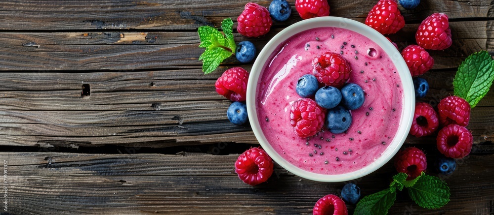 Raspberry smoothie and berries displayed in a bowl on a wooden table, seen from above with space for text. Raspberry smoothie and berries displayed in a bowl on a wooden table, seen from above with space for text.