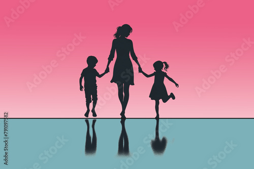 Silhouette of a mother and two children on a pink background. It symbolizes the strong bond of motherhood and is ideal for celebrating Mother's Day.