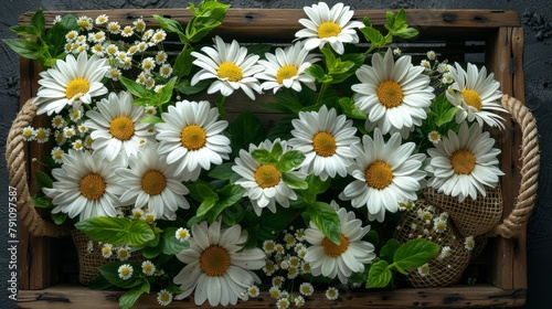  A basket holding white and yellow daisies sits atop a wooden table, nearby rests a wall