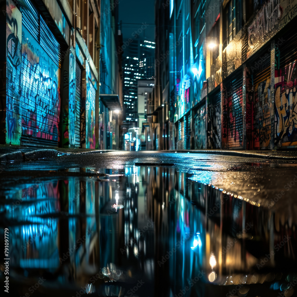 Wet Urban Alley at Night

