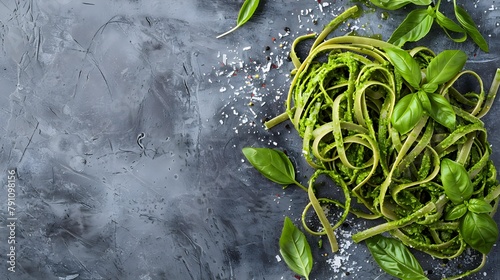 Green fussili pasta made of mungo beans with vegan homemade basil pesto and herbs. Italian pasta. Italian food. Home made food. Concept for a tasty and healthy meal. Gray stone background. Top view. -