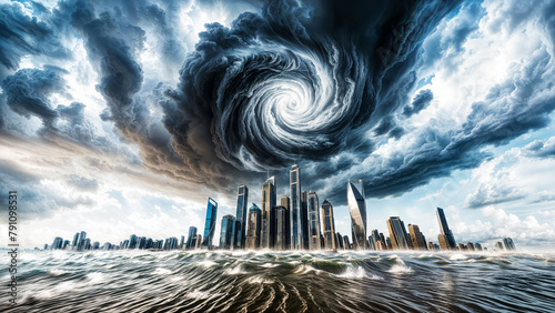 Eye of a super massive hurricane storm, positioned ominously above towering city buildings engulfed in apocalyptic floods with water levels rising menacingly and visible destruction and waves of chaos photo