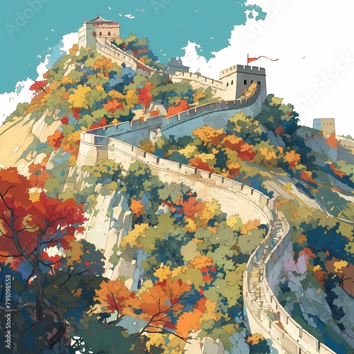 Autumn-hued Great Wall of China - Majestic Landscape with Colorful Leaves