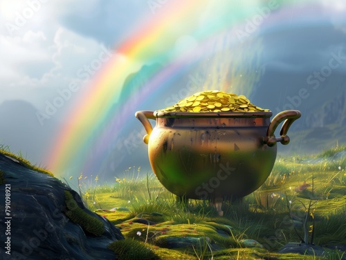 Um pote de moedas de ouro e um arco íris, símbolos de sorte e de fortuna na mitologia celta irlandesa  photo