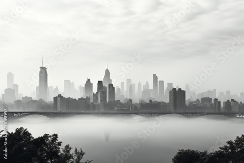 Misty Metropolis: A Serene Black and White Cityscape Embraced by Morning Fog