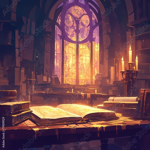 Serene Old World Library with Open Manuscripts and Stained Glass Windows