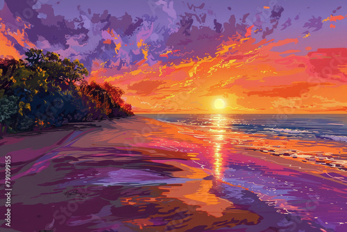 Beautiful Tropical Beach Scenery at Dawn or Dusk Hand Drawn Painting Illustration