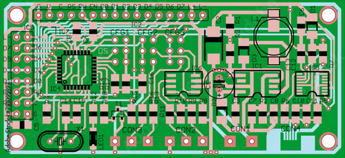 Vector printed circuit board of electronic 
device with components of radio elements, 
conductors and contact pads placed on it. 
Engineering drawing.