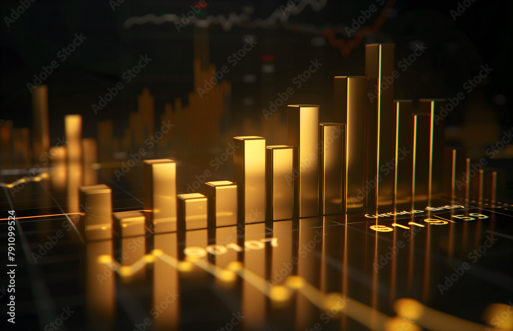 gold bar graph on a black background with a stock market chart depicting business growth gold bar graph on a black background with a stock market chart depicting business growth