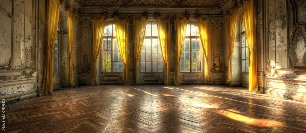 Obraz premium HDR processing in an empty castle with yellow curtains on the windows.