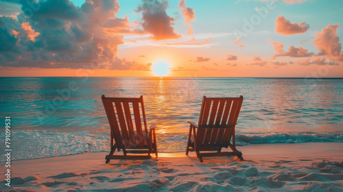 Two beach chairs are facing the ocean  with the sun setting in the background
