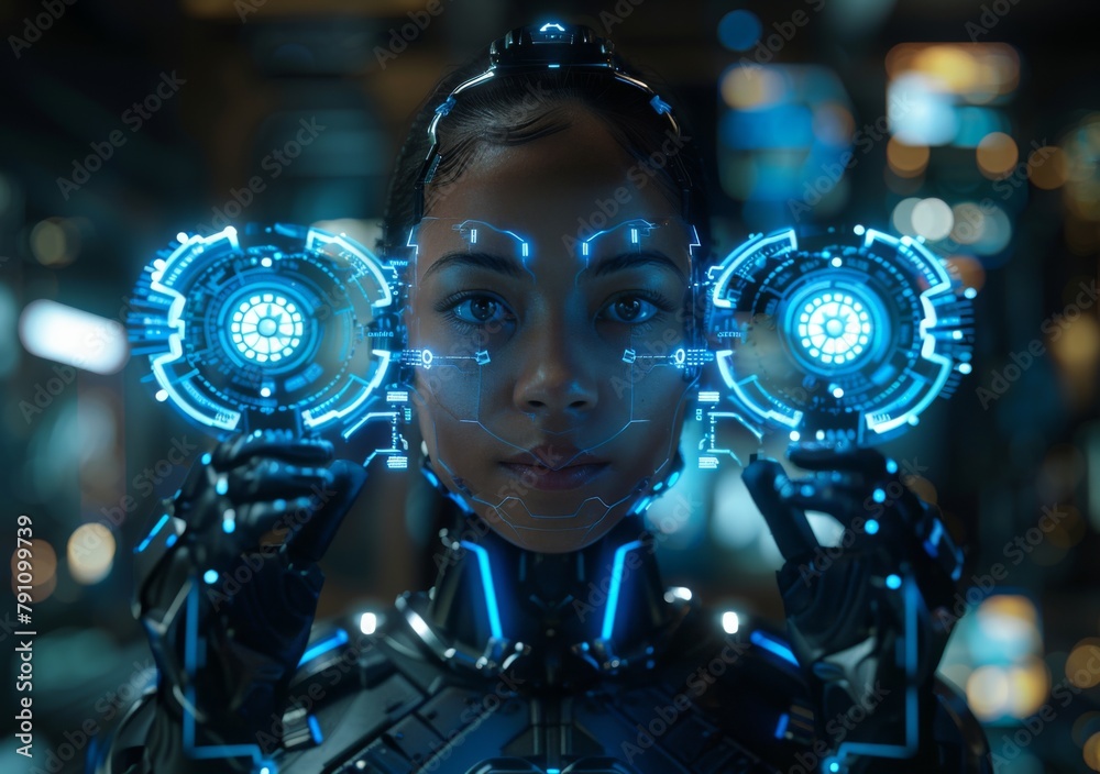 Fototapeta premium futuristic cyborg robot woman in futuristic suit with glowing lights