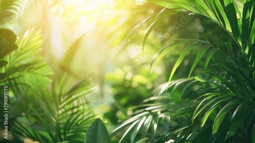 Sunlight filtering through vibrant green foliage in a lush garden  background 