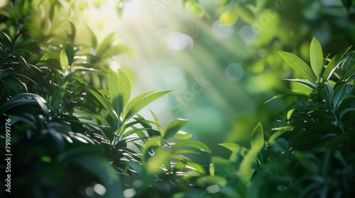 Sunlight filtering through vibrant green foliage  highlighting the intricacies of leaf patterns and textures   background