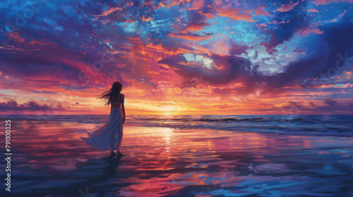 A woman is walking on a beach at sunset