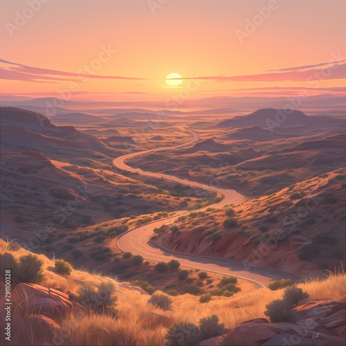 Experience the tranquil beauty of a winding desert road as the sun sets in this breathtaking stock image. Perfect for travel, adventure, and landscape marketing campaigns.