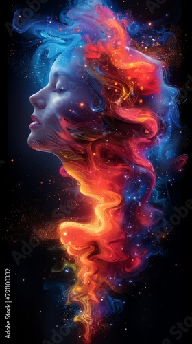 the girl is in a colorful abstract background