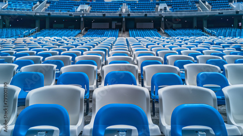 A stadium full of blue and white chairs