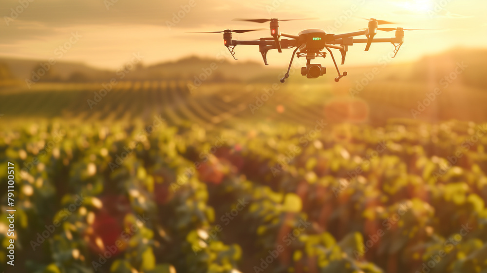 A drone flies over a large field, using AI to assess crop health and growth, optimizing agricultural strategies based on real-time data. , natural light, soft shadows, with copy sp
