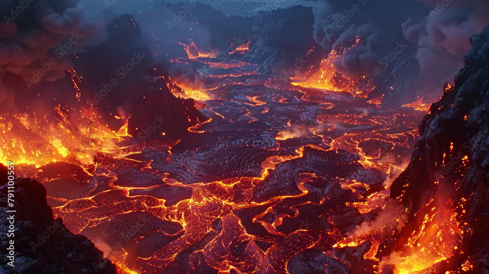 A lava field with a volcano in the background