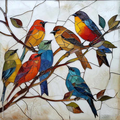 Colorful Stained Glass Birds on Branches

