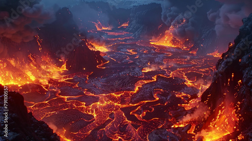 A lava field with a volcano in the background photo