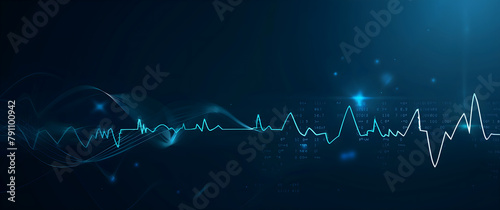 heartbeat line or pulse graph on blue background Abstract blue digital background with glowing dots and waves technology