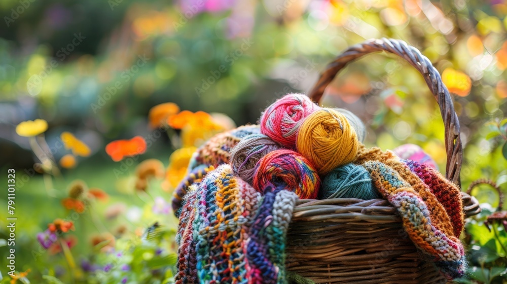 Obraz premium A basket filled with yarn in a garden