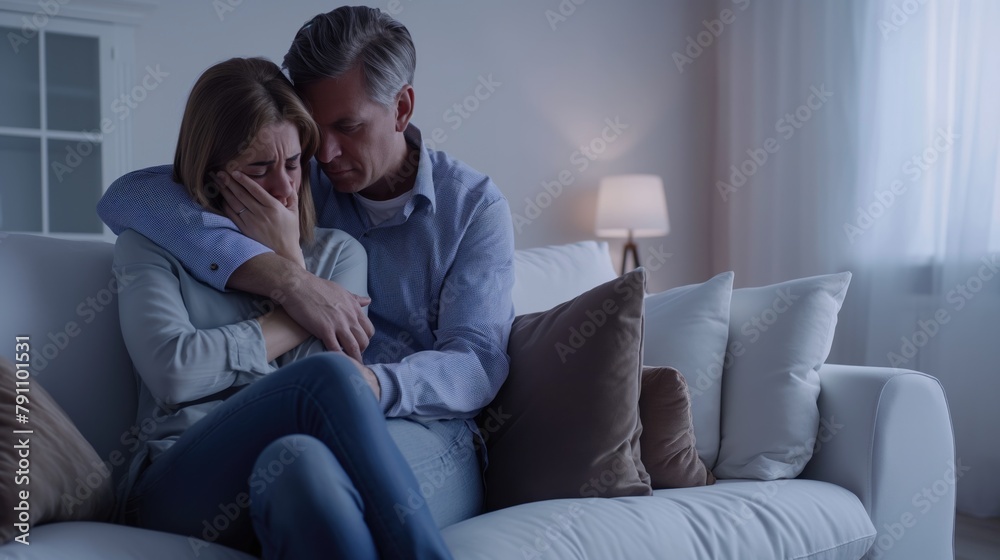 Loving husband man comforting upset wife while hugging her and sitting on the sofa at home