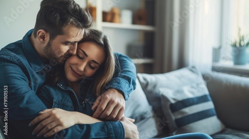 Loving husband man comforting upset wife while hugging her and sitting on the sofa at home