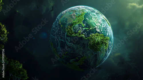 A green planet with trees and clouds in the background