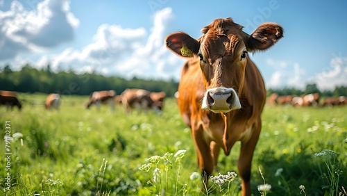 Cattle grazing in a sunny meadow on a beef cattle ranch. Concept Cattle Ranching, Grazing Animals, Sunny Meadow, Beef Production, Livestock Farming