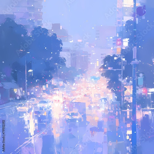Luminous city street after rainfall with traffic and blurred lights in a tranquil urban setting.