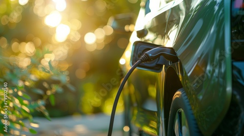 EV Car or Electric car at charging station with the power cable supply plugged in on blurred nature with soft light background. Eco-friendly alternative energy concepta © Nijat