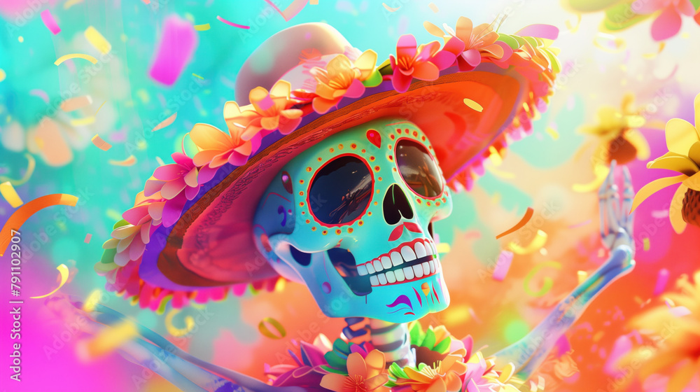 A smiling skeleton wearing a colorful hat and a flower crown. Day of the Dead festival, Cinco de mayo mexican holiday, Dia de los muertos illustration.