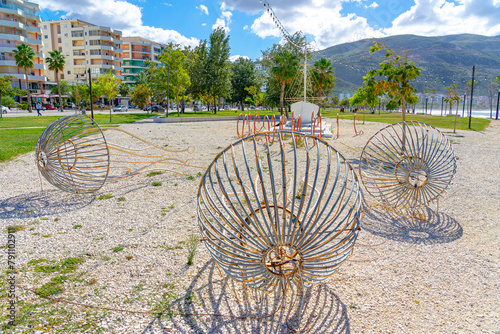Square with representation of boat, jellyfish and waves in the city of Vlore- Albania.