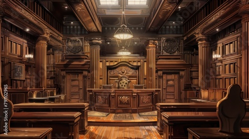 Luxury empty retro classic courtroom building interior in wooden style. AI generated image