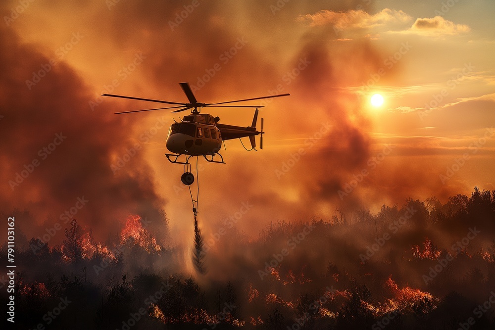 Firefighting helicopters carry water buckets to extinguish, helicopters carry water to stop the fire, fires in the forest, forest burn, summer forest burns, firefighter background, fire background